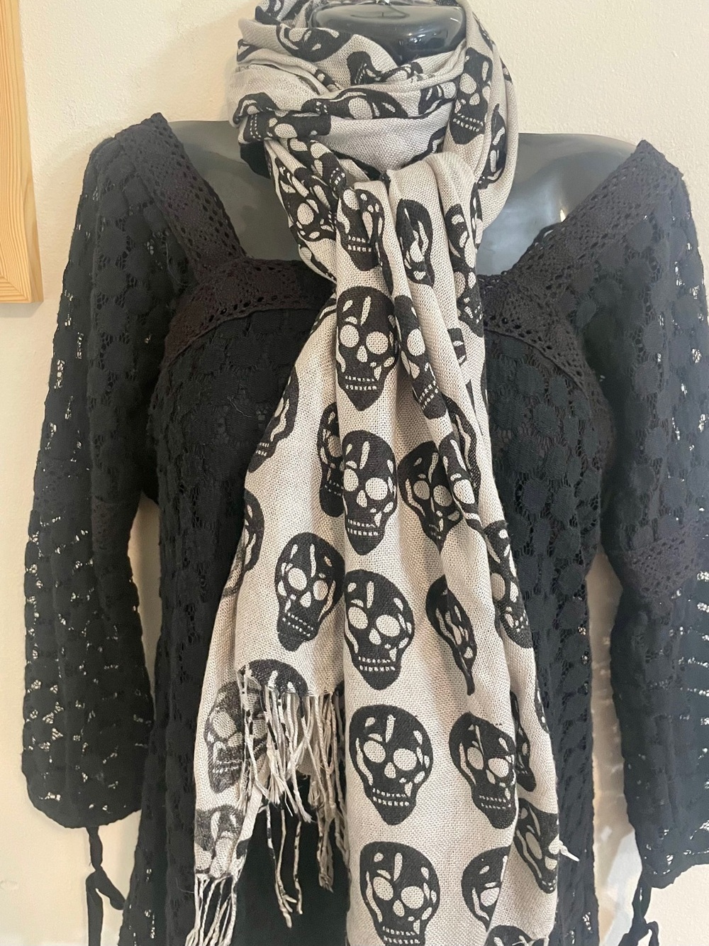 Gray and Black Skull Print Scarf Shawl Halloween Fall